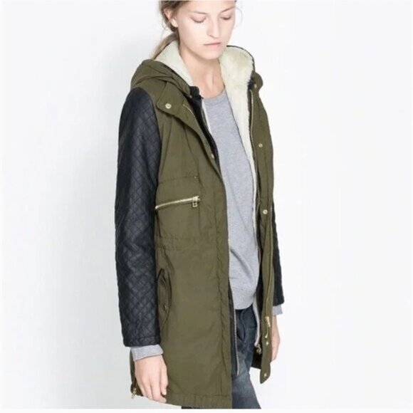 Zara Olive Green Coat with Quilted Faux Leather Sleeves - Removable lining - Picture 1 of 7